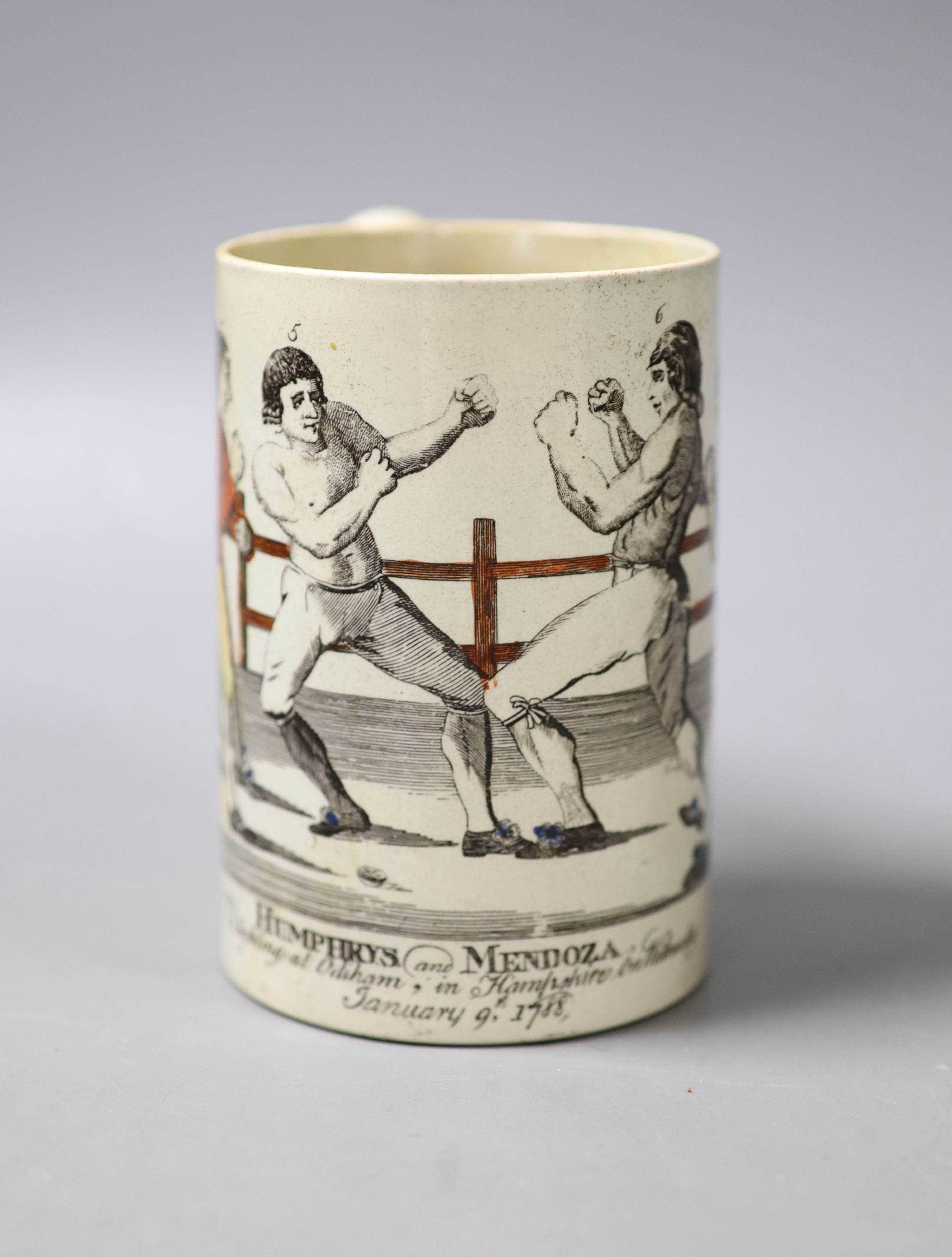 Boxing History- A late 18th century pearlware mug, depicting Humphreys v Mendoza, height 12cm